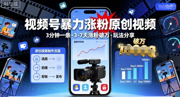 视频号暴力涨粉原创视频，3分钟一条原创视频，3-7天涨粉破万，玩法分享给你-水滴知识网