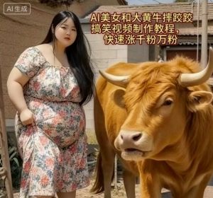 AI美女和大黄牛摔跤搞笑荒诞视频制作教程,快速涨千粉万粉-水滴知识网