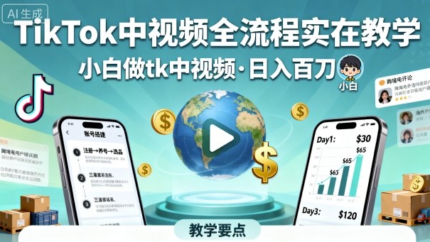 TikTok中视频全流程实操教学,小白做tk中视频,日入百刀-水滴知识网