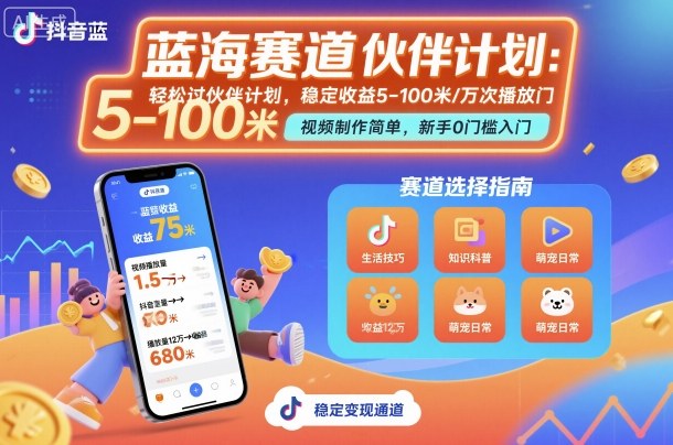 抖音蓝海赛道，轻松过伙伴计划，视频制作简单，万次播放收益在5-100米，稳定收益-水滴知识网