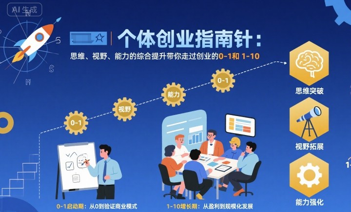 个体创业指南针,思维、视野、能力的综合提升带你走过创业的0-1和1-10【音频】-水滴知识网