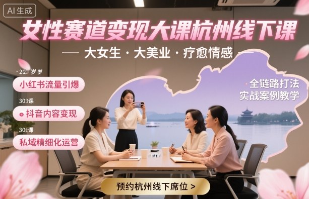 女性赛道变现大课杭州线下,大女生,大美业,疗愈情感,一套小红书、抖音、私域全链路打法-水滴知识网