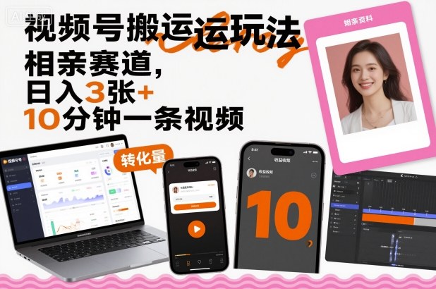 视频号搬运玩法，相亲赛道，日入3张+，10分钟一条视频-水滴知识网