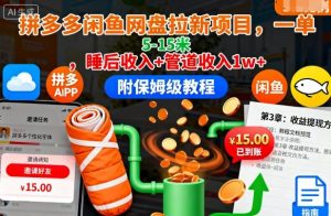 拼多多闲鱼网盘拉新项目，一单5-15米，睡后收入+管道收入1w+（附保姆级教程）-水滴知识网