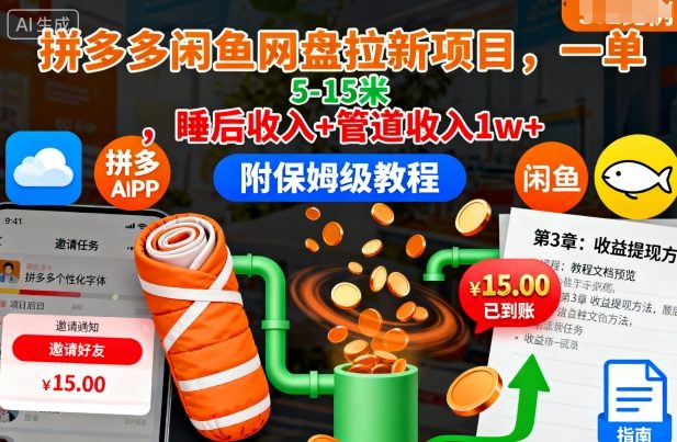 拼多多闲鱼网盘拉新项目，一单5-15米，睡后收入+管道收入1w+（附保姆级教程）-水滴知识网