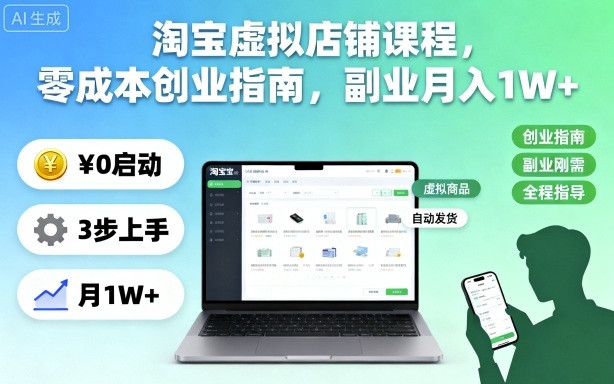 淘宝虚拟店铺课程,零成本创业指南,副业月入1W+-水滴知识网