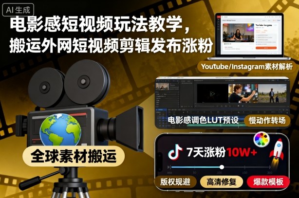 电影感短视频玩法教学,搬运外网短视频剪辑发布涨粉-水滴知识网