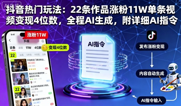 抖音热门玩法：22条作品涨粉11W单条视频变现4位数，全程AI生成，附详细AI指令-水滴知识网