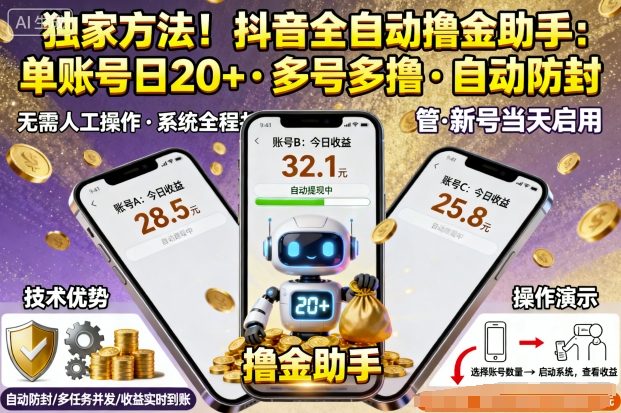 独家方法!最新抖音系列全自动挂G撸金助手,单账号一天20+,多号多撸,自动防封【揭秘】-水滴知识网
