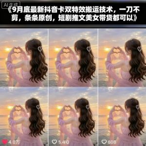 9月底最新抖音卡双特效搬运技术，一刀不剪，条条原创，短剧推文美女带货都可以-水滴知识网