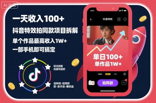一天收入100+,抖音特效拍同款项目拆解,单个作品最高收入1W+,一部手机即可搞定-水滴知识网
