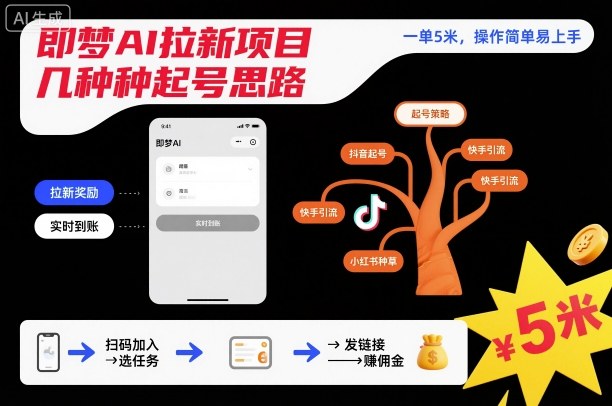 即梦AI拉新项目几种起号思路,一单5米,操作简单易上手-水滴知识网