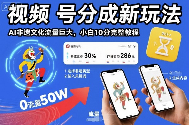 视频号分成新玩法,AI非遗文化流量巨大,小白10分钟搞定,完整教程-水滴知识网