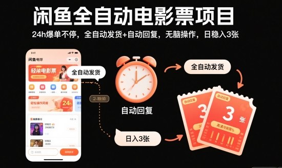 闲鱼全自动电影票项目，24h爆单不停，全自动发货+自动回复，无脑操作，日稳入3张【揭秘】-水滴知识网