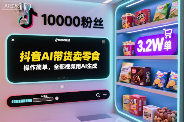 抖音AI带货卖零食，操作简单，全部视频用AI生成，一万粉丝，卖了3.2W单-水滴知识网