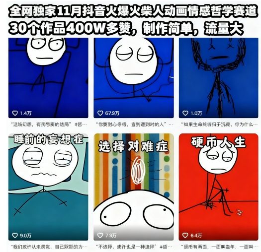 全网独家11月抖音火爆火柴人动画情感哲学赛道,30个作品400W多赞,制作简单,流量大【教学+素材】-水滴知识网