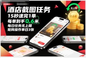 酒店截图任务,15秒速完1单,每单到手0.6米,每日任务无上限,全网首发玩法,矩阵操作单日3张【揭秘】-水滴知识网