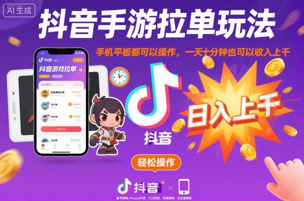 抖音手游拉单玩法，手机平板都可以操作，一天十分钟也可以收入上K【揭秘】-水滴知识网