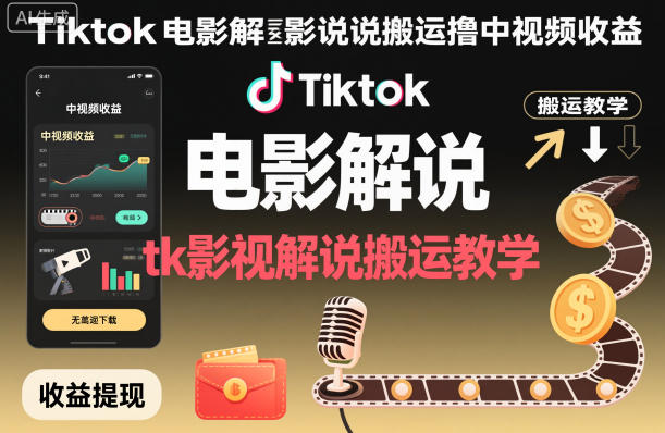 Tiktok电影解说搬运撸中视频收益,tk影视解说搬运教学-水滴知识网