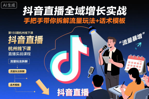 抖音直播全域增长实战第155期杭州线下课,手把手带你拆解流量玩法+话术模板-水滴知识网