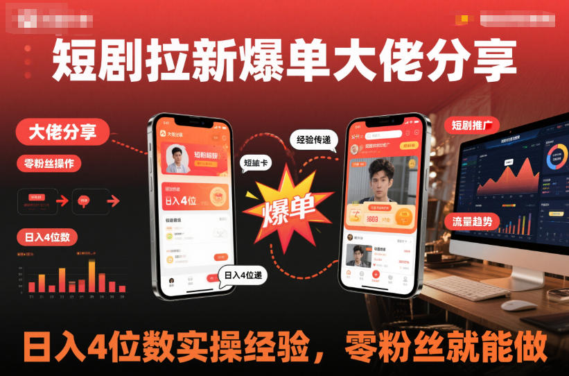 短剧拉新爆单大佬分享日入4位数实操经验，零粉丝就能做-水滴知识网