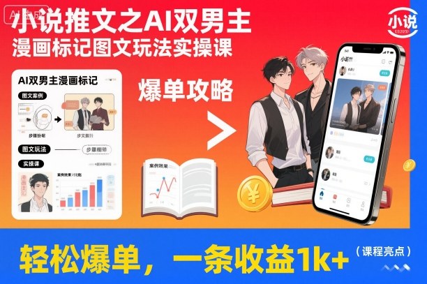 小说推文之AI双男主漫画标记图文玩法实操课,轻松爆单,一条收益1k+-水滴知识网