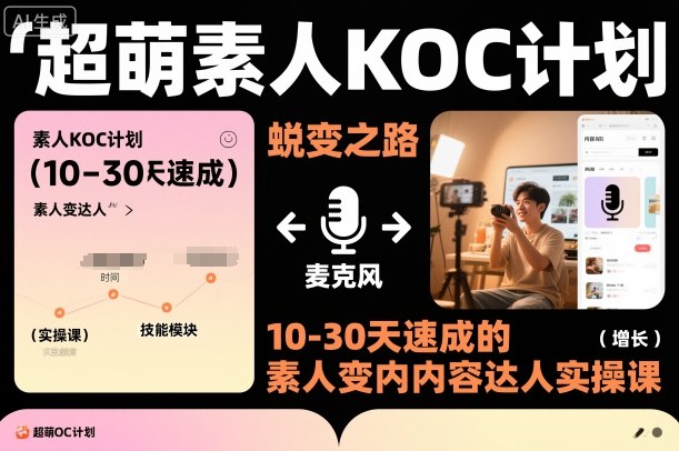 超萌素人KOC计划,10-30天速成的素人变内容达人实操课,适合想做短剧小说推文电商推广的素人入局-水滴知识网