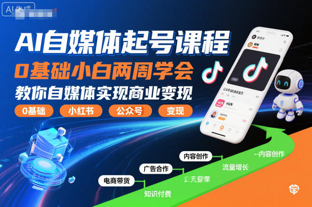 AI自媒体起号课程,0基础小白两周学会,教你自媒体实现商业变现-水滴知识网