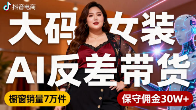 抖音小众赛道,大码女装AI反差带货,不用直播,每天6条作品,橱窗卖7万件,保守佣金30W+-水滴知识网