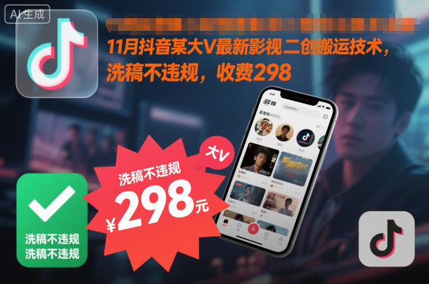 11月抖音某大V最新影视二创搬运技术，洗稿不违规，收费298-水滴知识网
