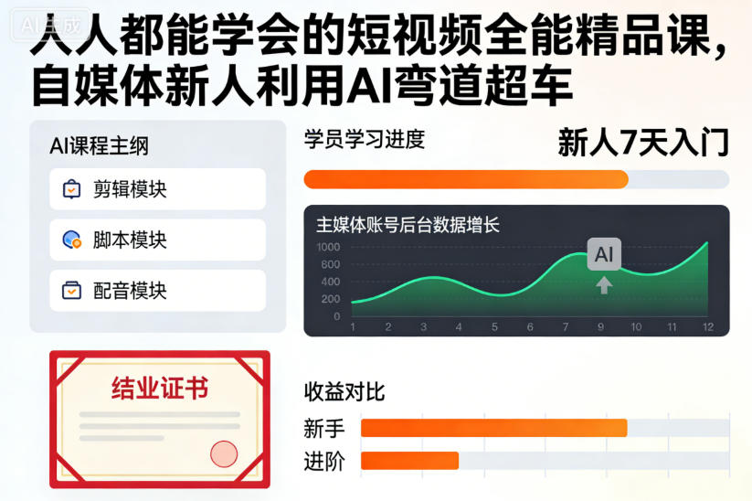 人人都能学会的短视频全能精品课,自媒体新人利用AI弯道超车-水滴知识网