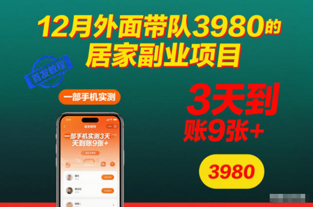 12月外面带队3980的居家副业项目,一部手机实测3天到账9张+,首发教程【揭秘】-水滴知识网