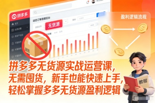 拼多多无货源实战运营课,无需囤货,新手也能快速上手,轻松掌握多多无货源盈利逻辑-水滴知识网