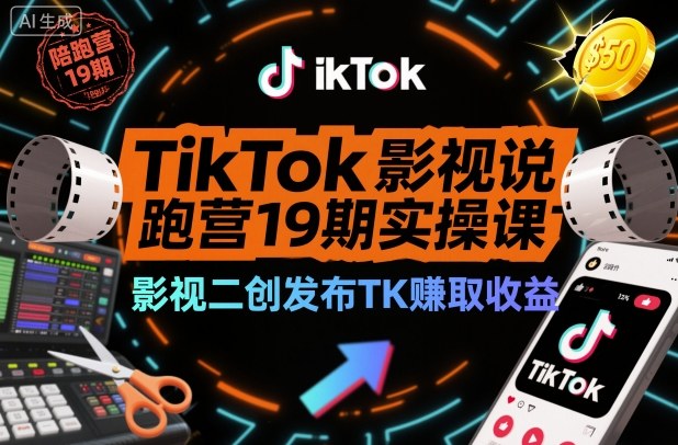 TikTok影视解说陪跑营19期实操课,影视二创发布TK賺取收益,万播收益50美金(更新)-水滴知识网