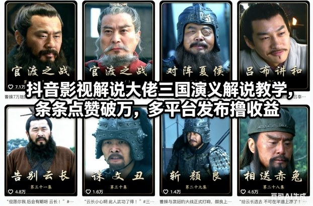抖音影视解说大佬三国演义解说教学，条条点赞破万，多平台发布撸收益-水滴知识网