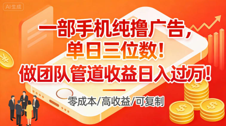 一部手机纯撸广告，单日三位数，做团队管道收益日入过1W-水滴知识网