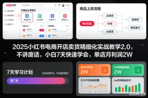 2025小红书电商开店卖货精细化实战教学2.0,不讲废话,小白7天快速学会,单店月利润2W-水滴知识网