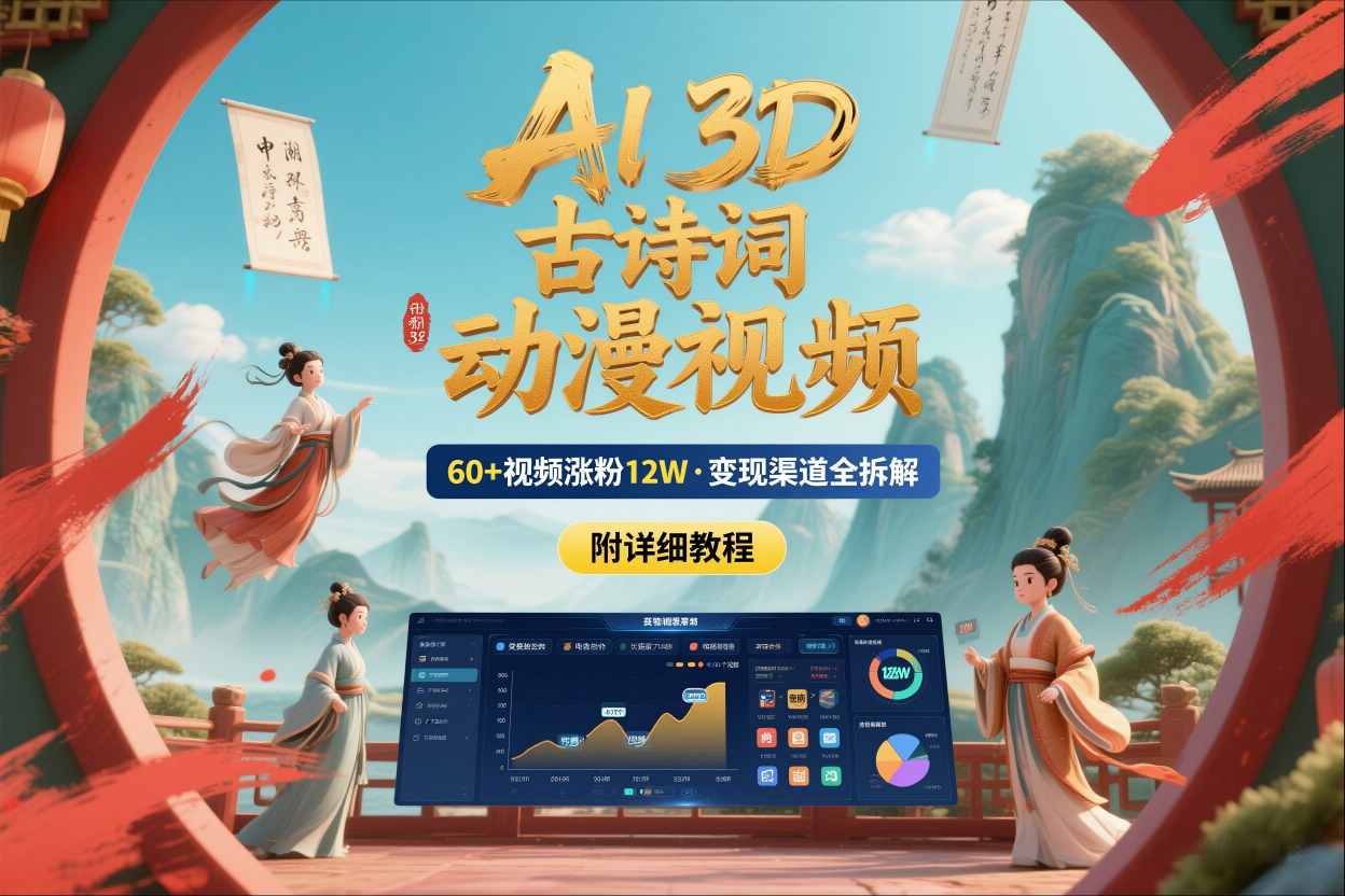 AI制作3D古诗词动漫视频，60多个视频涨粉12W，多个变现渠道拆解【附详细教程】-水滴知识网
