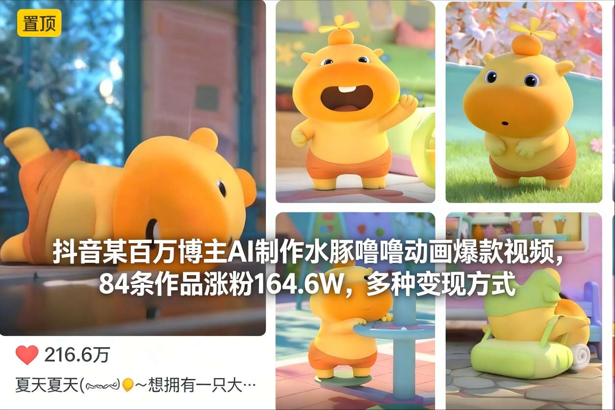抖音某百万博主AI制作水豚噜噜动画爆款视频,84条作品涨粉164.6W,多种变现方式-水滴知识网