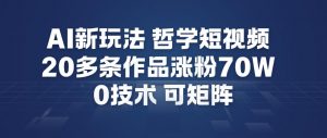 AI新玩法哲学短视频制作教学，20多条作品涨粉70W，0成本赛道，可矩阵-水滴知识网
