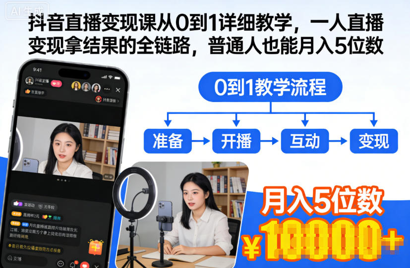 抖音直播变现课从0到1详细教学,一人直播变现拿结果的全链路,普通人也能月入5位数-水滴知识网