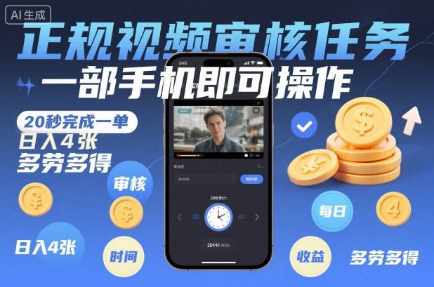 正规视频审核任务,一部手机即可操作,20秒完成一单,日入4张,多劳多得【揭秘】-水滴知识网