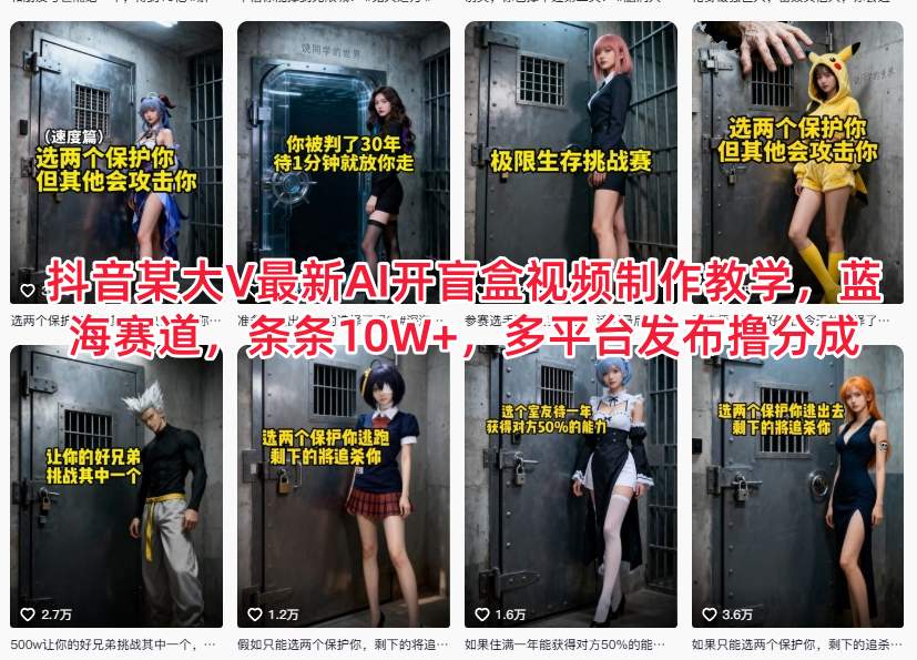 抖音某大V最新AI开盲盒视频制作教学，蓝海赛道，条条10W+，多平台发布撸分成-水滴知识网