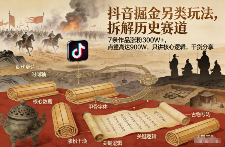 抖音掘金另类玩法，拆解历史赛道，7条作品涨粉300W+，点赞量高达900W，只讲核心逻辑，干货分享-水滴知识网