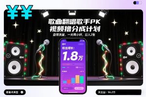 歌曲翻唱歌手PK视频撸分成计划，自带流量，一天两小时，日入2张-水滴知识网