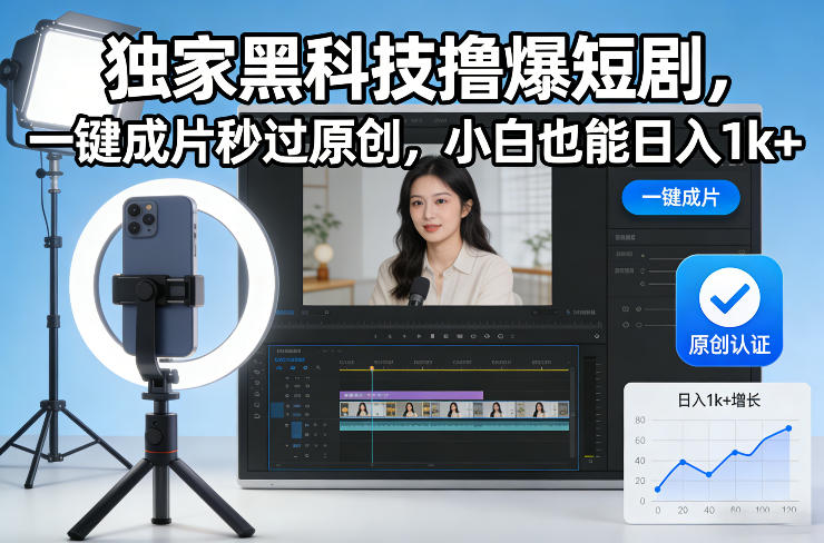 独家黑科技撸爆短剧,一键成片秒过原创,小白也能日入1k+【揭秘】-水滴知识网