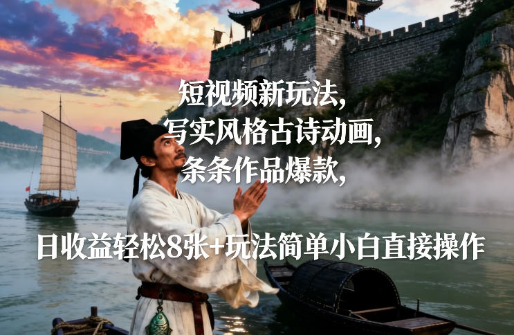 短视频新玩法,写实风格古诗动画,条条作品爆款,日收益轻松8张+玩法简单小白直接操作-水滴知识网