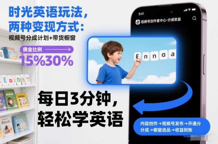 时光英语玩法，两种变现方式：视频号分成计划+带货橱窗-水滴知识网