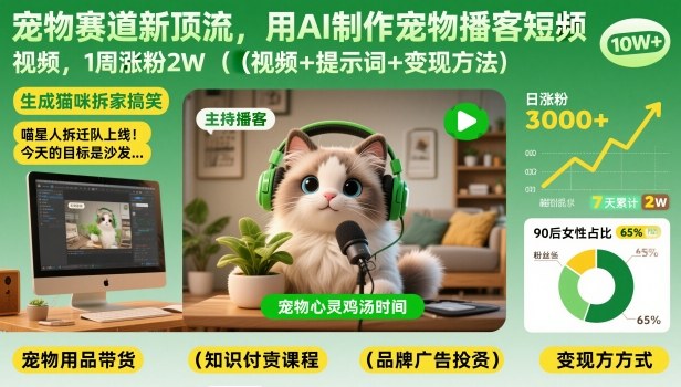 宠物赛道新顶流,用AI制作宠物播客短视频,1周涨粉2W(视频+提示词+变现方法)-水滴知识网