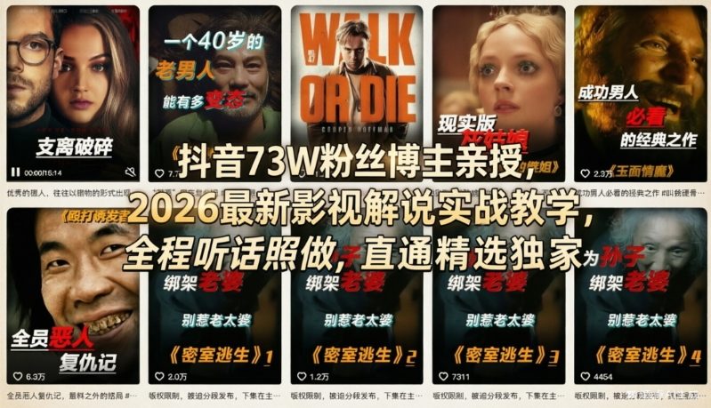 抖音73W粉丝博主亲授,2026最新影视解说实战教学,全程听话照做,直通精选独家-水滴知识网